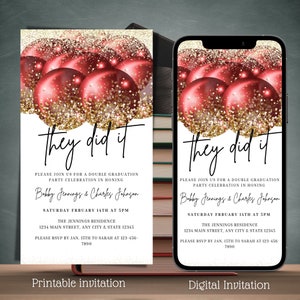 Digital Double Graduation Party Invitation, Electronic They did it Red Gold Balloons Text Message Invite, Editable Invitation, DIY Template