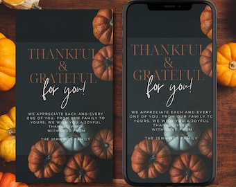 Digital Thankful And Grateful For You Thanksgiving Greeting Card, Pumpkin Modern, Electronic Thank You, Editable Greeting Template