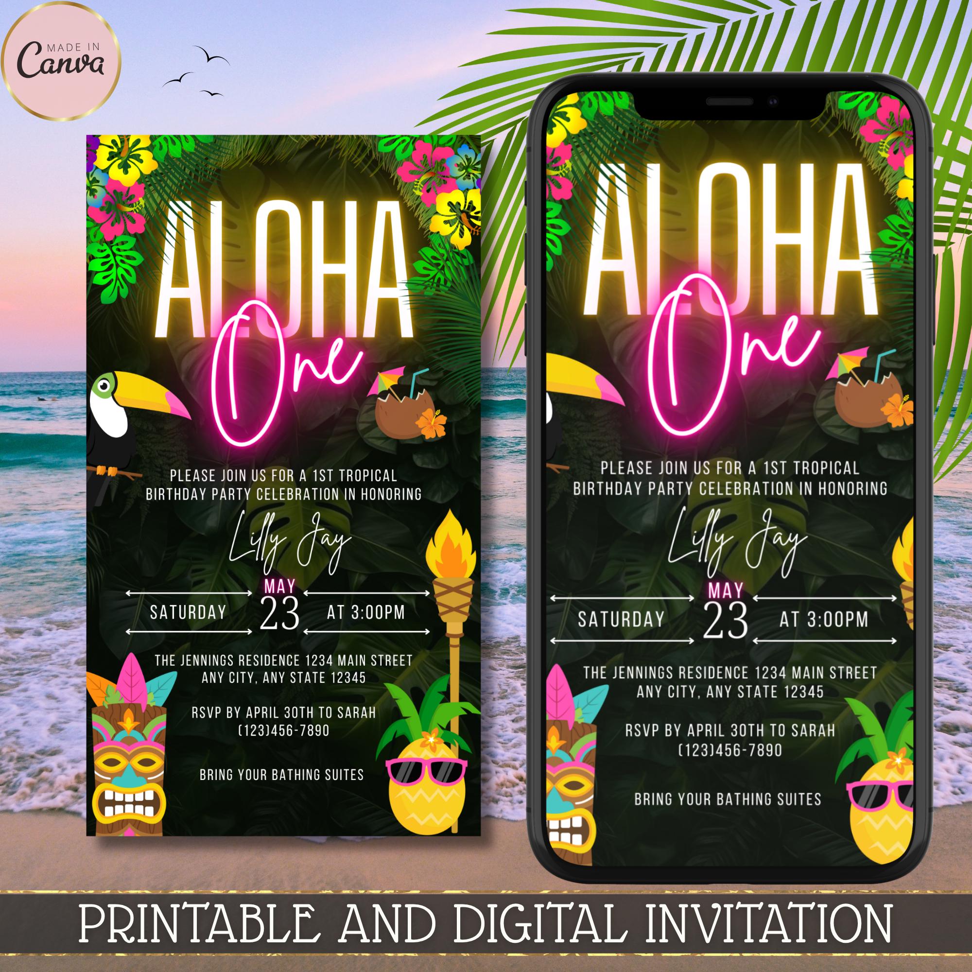 Editable Aloha One 1st Birthday Digital Invitation, Neon Pink Tropical ...