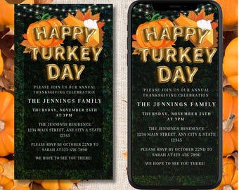Digital Happy Turkey Day Thanksgiving Invitation, Electronic Funny Thanksgiving Text Invite, Greenery, Editable Invitation, Instant Download