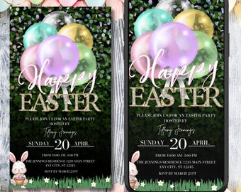 Digital Happy Easter Invitation, Family Spring Celebration, Easter Party Invite, Greenery Diamond, Editable Template, Instant Download
