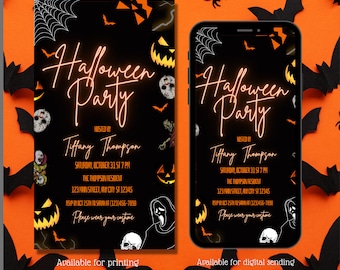 May include: Two Halloween party invitations, one for printing and one for digital sending. Both feature a black background with neon orange text that reads "Halloween Party". The invitations are decorated with spooky Halloween imagery, including bats, spiders, pumpkins, and a ghost.