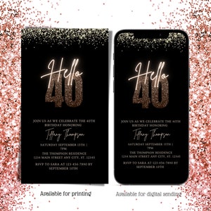 Digital Hello 40th Birthday Invitation, Electronic Party Invite, Surprise Party, Rose Gold, Neon, Editable Invitation, Instant Download