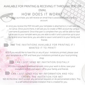 K&ouml;nnte beinhalten: Eine rosa-wei&szlig;e Grafik mit Text, der erkl&auml;rt, wie man eine digitale Einladungsvorlage verwendet. Der Text lautet "AVAILABLE FOR PRINTING & RECEIVING IT THROUGH TEXT OR EMAIL", "HOW DOES IT WORK?", "After purchase, you will receive an email that is associated with your Etsy account", "once you receive the PDF link with your template is attached to it, it will take you to Canva. Once you're there, it will ask you to create a FREE account by using a username & password. Once that part is complete then you will be able to have full access to your template where you are able to edit it and customise up to your liking and once have done, you are able to save it and send it to your family and friends", "ARE THE INVITATIONS AVAILABLE FOR PRINTING IF I WANTED IT TO PRINT?", "YES! If you would like to have this or any of your invitations printed, please save your template as a PDF and have your invitations printed at your local printing shop", "CAN I JUST SEND MY INVITATION DIGITALLY", "YES! this is an instant download template, once your work is done, save your invitations a PNG and send it off to your family and friends", "CAN I JUST SEND YOU MY INFORMATION AND YOU CREATE THE INVITATION FOR ME?", "NO! At this time I don't accept any personal requests or do personalised orders. This is a self edited template invitation that is created for you."