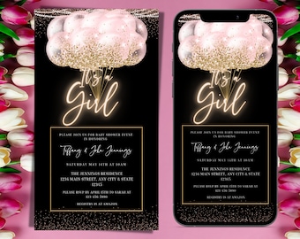 Digital Baby Shower invitation, Electronic It's A Girl Invite, Pink Gold Balloons, Pink Baby Shower, Editable Invitation, Instant Download