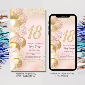 Fiesta digital de cumpleaños número 18 con invitación electrónica, fiesta con purpurina en oro rosa, plantilla de invitación electrónica, invitación digital con purpurina, fiesta de cumpleaños con invitación electrónica