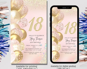 May include: Pink and gold 18th birthday invitation with gold balloons and glitter accents. The invitation includes the text "Join us to celebrate Tiffany Thompson 18th Birthday" and event details. Available for printing and digital sending.