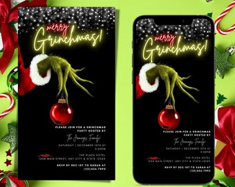 Może przedstawiać: Drukowane i cyfrowe zaproszenie na imprezę Grinchmas. Zaproszenie przedstawia zieloną rękę Grincha trzymającą czerwoną ozdobę na czarnym tle z białymi błyskotkami. Tekst brzmi "Wesołych Grinchmas!" i zawiera informacje o imprezie, w tym datę, godzinę, miejsce i informacje o RSVP.