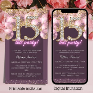Electronic 15th Birthday Party Invitation, Digital 15th Pink Gold Balloons Text Message Invite, Diamonds, Editable Template, Instant Invite