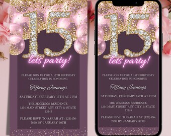 Electronic 15th Birthday Party Invitation, Digital 15th Pink Gold Balloons Text Message Invite, Diamonds, Editable Template, Instant Invite