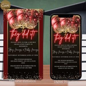 Digital Double Graduation Invitation, Electronic Red Gold Balloons Grad Party Invite, Joint Graduation, Editable Template, Instant Download