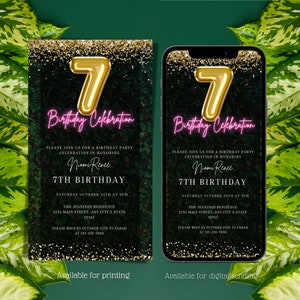 Digital 7th Birthday Invitation, Electronic Neon Pink Gold Glitter Greenery Party Text Message Invite, Editable Invitation, Instant Download