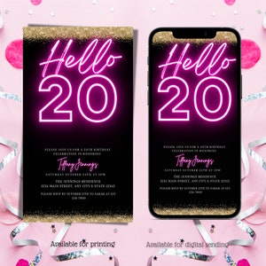 Digital Hello 20th Birthday Invitation, Electronic Twenty Invite, Neon Pink, Gold, Text Message, Editable Invitation, Instant Download