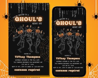 Digital Halloween invitation, Ghouls Night Out invite, Adult halloween, Skeleton invitation, Editable template, Instant download