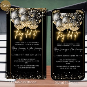 Electronic Double Graduation Party Invitation, Digital They Did It Black Gold Balloons Invite, Editable Graduation Evite, Digital Download