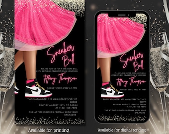 May include: A pink and black digital invitation for a Sneaker Ball. The invitation features a woman wearing a pink skirt and sneakers. The text on the invitation reads "Sneaker Ball" and "Tiffany Thompson".