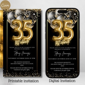 Digital 35th Birthday Party Invitation, Electronic Birthday Party Invite, Black Gold Balloons, Editable Invitation, Instant Download