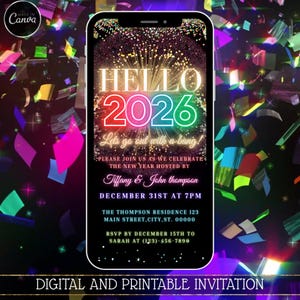 Animated Digital New Year’s Eve Party Invitation – Hello 2026, Neon Rainbow Gold Electronic Evite, Editable Instant Download