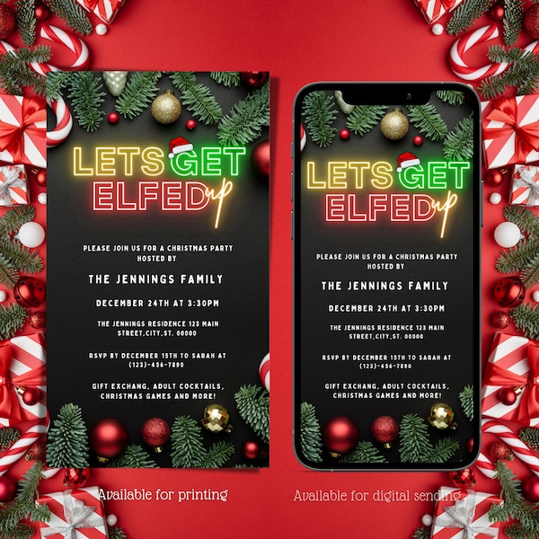 Digital Let's Get Elfed Up Holiday Invitation, Electronic Neon Adult Christmas Party Text Message Invite, Editable Invitation, Phone Evite