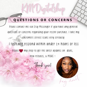 K&ouml;nnte beinhalten: Rosa-farbener Blumenhintergrund mit einem wei&szlig;en Textfeld, das "KM Digital Shop" und "Fragen oder Bedenken" sagt. Das Textfeld enth&auml;lt auch Anweisungen, wie man sich mit dem Shop-Besitzer f&uuml;r Fragen oder Bedenken in Verbindung setzt. Ein Foto einer Frau mit dunklen Haaren und brauner Haut befindet sich in der unteren rechten Ecke des Bildes. Der Text "Vielen Dank!" befindet sich in der Mitte des Bildes.
