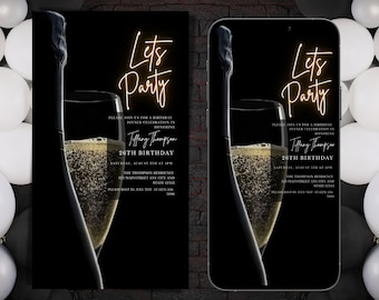 Digital Let's Party Invitation, Electronic Event Celebration Black Gold Champagne Text Message Invite, Editable Invitation, Instant Download