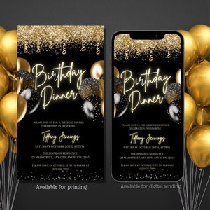Electronic Black Gold and Glitter Birthday Dinner Party Invitation, Surprise Dinner invite, Any Age, Editable invitation, Instant Download