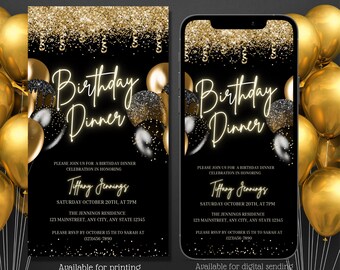 Electronic Black Gold and Glitter Birthday Dinner Party Invitation, Surprise Dinner invite, Any Age, Editable invitation, Instant Download