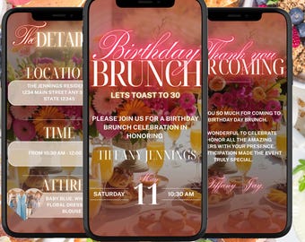 Electronic Birthday Brunch Invitation, Digital Orange & Pink Floral Animated Invite, Birthday Party Template, Editable Instant Download