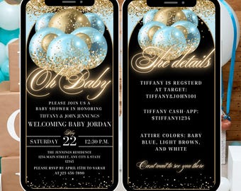 Blue & Gold Baby Shower Invitation: Editable Text Message Evite (Digital Download