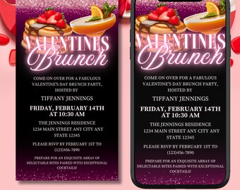 Electronic Valentine's Day Brunch Party Invitation, Digital Brunch Invite, Cocktail and Pancakes, Canva Digital Template, Instant Download