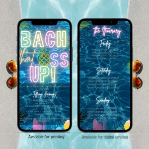 Digital Bachelorette Weekend Invitation With Itinerary, Electronic Neon Bach That Ass Up Invite, Schedule Girls Trip, Editable Invitation