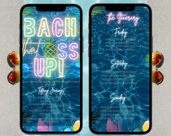 Digital Bachelorette Weekend Invitation With Itinerary, Electronic Neon Bach That Ass Up Invite, Schedule Girls Trip, Editable Invitation