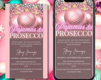 Digital Friendsmas Party Invitation, Electronic Pajamas And Prosecco Holiday Party, Pink Gold Ornaments, Phone Invite, Editable Invitation