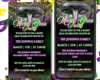 May include: Printable and digital invitation for a Mardi Gras party. The invitation features a purple, green, and gold mask with a glittery background. The text on the invitation reads "Mardi Gras Party" and includes details about the event, including the date, time, location, and RSVP information.