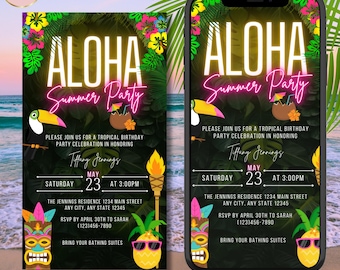May include: A digital and printable invitation for a tropical summer party. The design features the word "Aloha" in large, neon letters, with tropical flowers and a toucan. The invitation includes party details and a call to bring bathing suits.