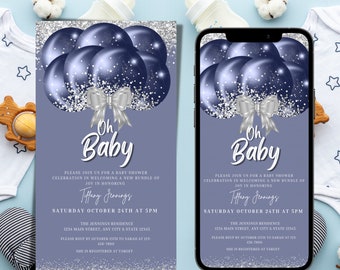 Electronic Boy Baby Shower Invitation, Digital Oh Baby Blue Silver Smart Phone Text Message Invite, Editable Invitation, Instant Download