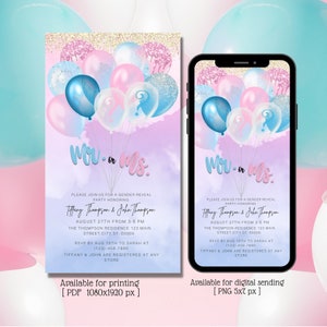 Digital Gender Reveal Invitation, Electronic Gender Reveal Evite, Balloon Gender Reveal, Baby Shower Party Invitation, Instant Download