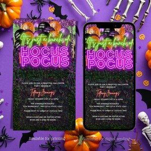 Digitale Halloween-Einladung, elektronische Hexen-Party-Grün Neon-Lila-Orange-Ballons Textnachricht einladen, bearbeitbare Einladung, Evite