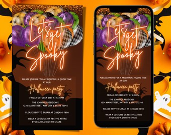 Könnte beinhalten: Eine Halloween-Partyeinladung mit einem dunkelbraunen Hintergrund und einer schwarzen Silhouette einer Spinne. Die Einladung zeigt einen Haufen bunter Ballons mit Halloween-Motiven, darunter Spinnen, Fledermäuse und Geister. Der Text "Let's get spooky" ist in einer weißen Schriftart mit einem neonorangenen Umriss geschrieben. Die Einladung enthält Details zur Party, einschließlich Datum, Uhrzeit, Ort und RSVP-Informationen.
