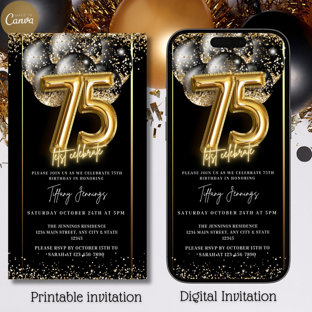 Black & Gold 75th Birthday Invitation: Electronic Text Invite (digital ...