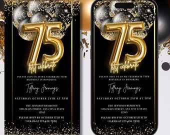 Digital 75th Black Gold Balloons Birthday Party Invitation, Electronic 75th Birthday Text Email Invite, Editable Evite, Instant Download