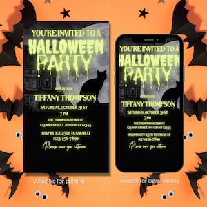 Digital Halloween Party Invitation, Neon Slime Green, Haunted House Party, Halloween template, Any age, Editable template, Instant download