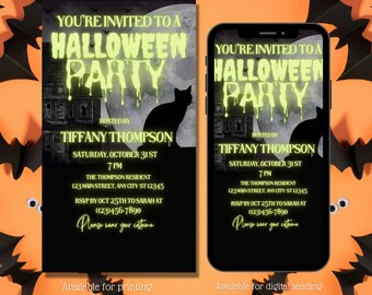 May include: Halloween party invitation with a black cat silhouette, haunted house, and moon design. The invitation includes the text "You're Invited to a Halloween Party" and event details. Available for printing and digital sending.