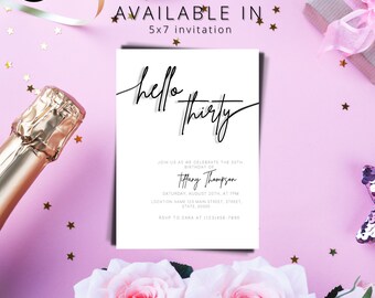 Digital Hello Thirty Birthday party invitation, Printable birthday party invite, Black White, Modern, Editable invitation, instant download