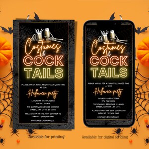 Digital Adult Halloween Invitation, Electronic Costumes & Cocktails Neon Orange Green Skeleton Text Message Invite, Editable Invitation
