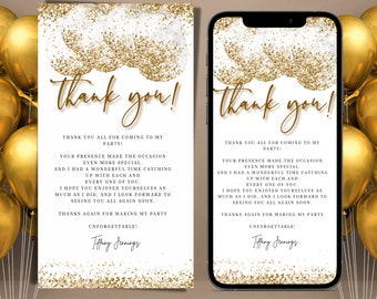 Electronic Gold And White Thank You Birthday eCard, Digital Thank you Note Phone DIY Text Message, Editable Template, Instant Download