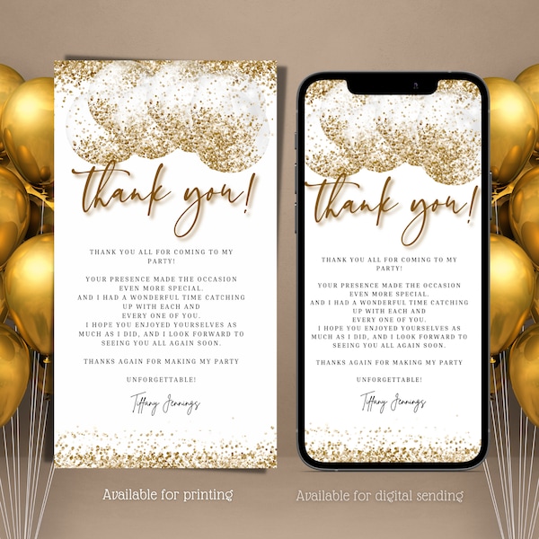 Electronic Gold And White Thank You Birthday eCard, Digital Thank you Note Phone DIY Text Message, Editable Template, Instant Download