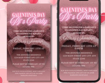 Galentine's Day Pajama Party Digital Invitation, Valentine's Party Evite, Girls Night in, Neon Pink, Sleepover, Editable Canva Template