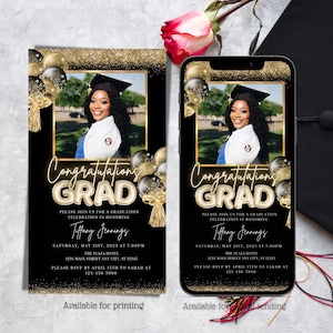 Digital Graduation Invitation, Class Of 2025, Electronic Black & Gold Grad Announcement Text Invite, Editable Invitation, Instant Download