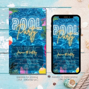 Pool Party text birthday invitation, Digital Tropical Invite, Any Age, Editable Template, Evite, pool party invitation, instant download